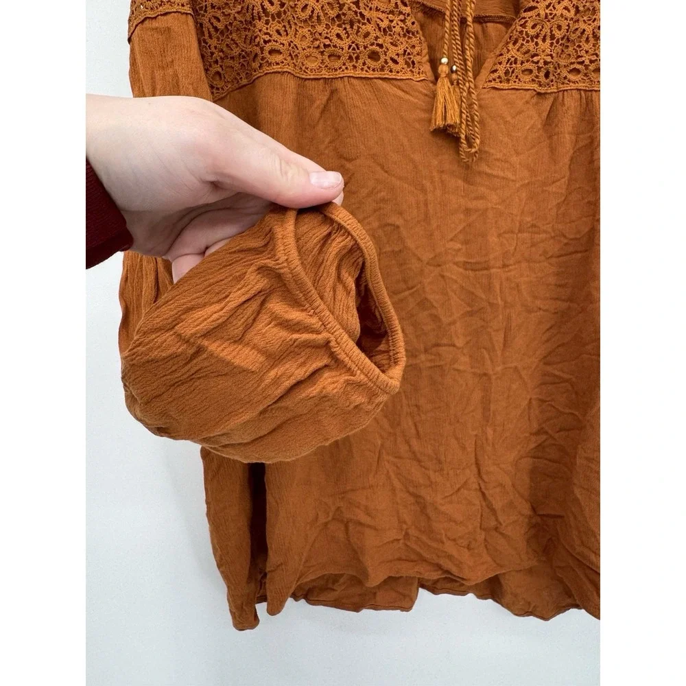 Tantrums 2X  Boho peasant Blouse western rodeo tassel rayon open knit‎ tan - Picture 4 of 9
